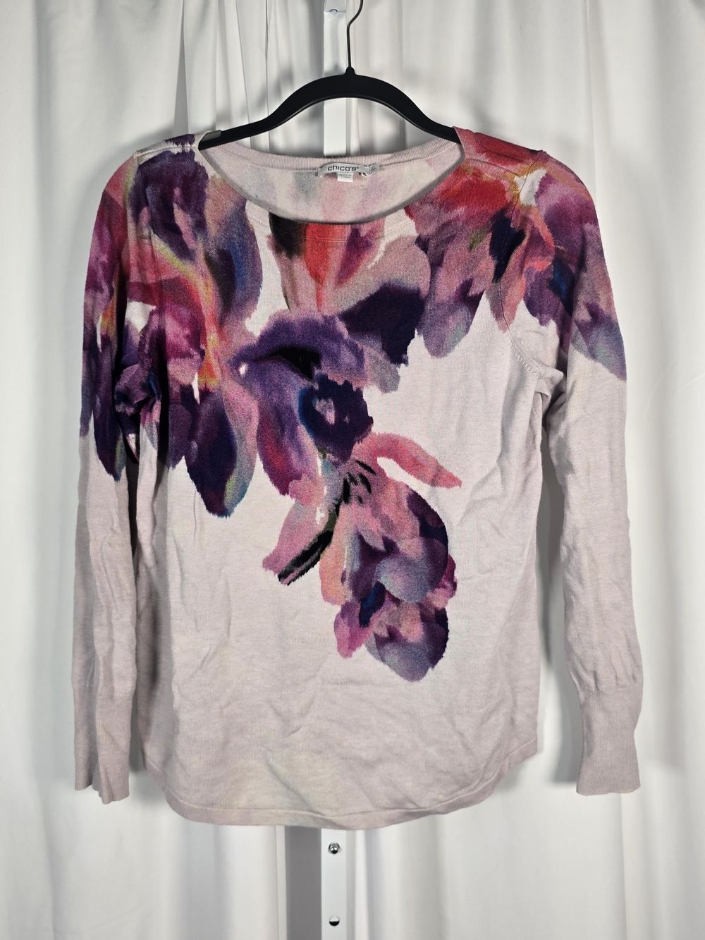 Chicos Womens Gorgeous Ivory Purple Sz Small Boat Neck Pullover Sweater